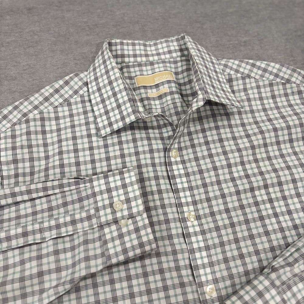 Michael Kors Mens XL Slim Fit Dress Shirt Non-Iron Plaid 25x31 Teal Grey White
